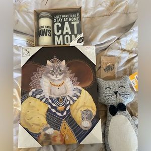 NWT! Cat lovers bundle! Picture, earrings, door stop, candle, decorative sign